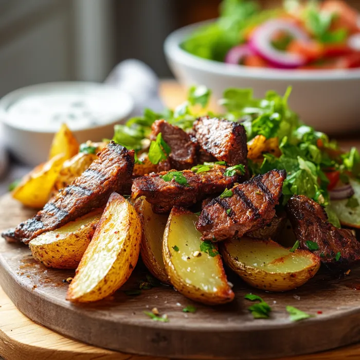 A plate of meat and potatoes.