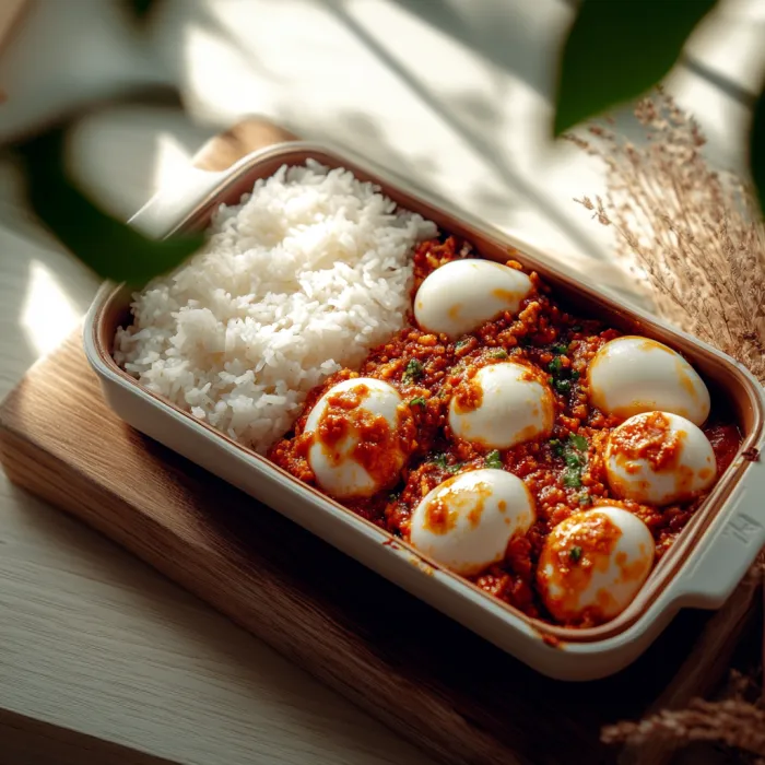 A white bowl with rice and eggs.
