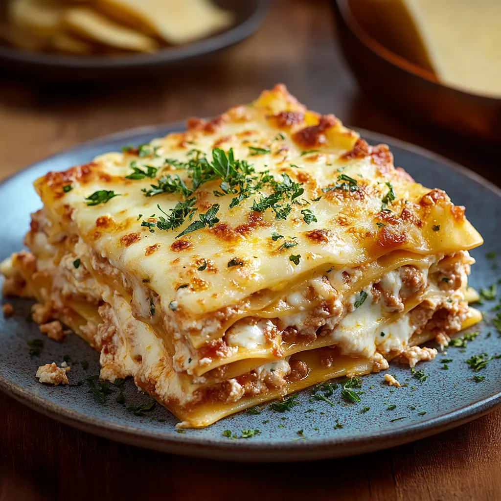 A plate of lasagna with cheese and herbs.