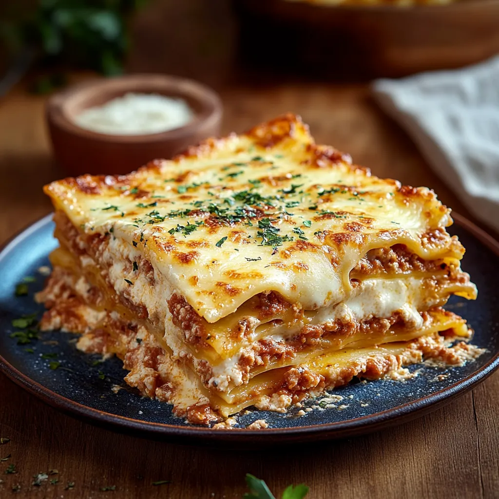A plate of lasagna with a bowl of sauce.