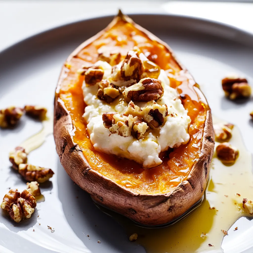 A slice of roasted sweet potato with a dollop of butter and walnuts.