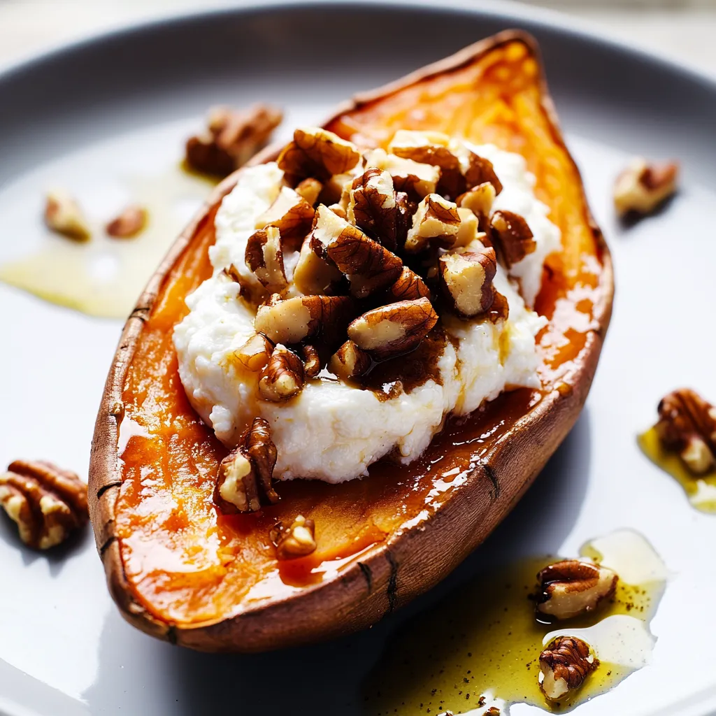 A slice of roasted sweet potato with a dollop of butter and nuts.