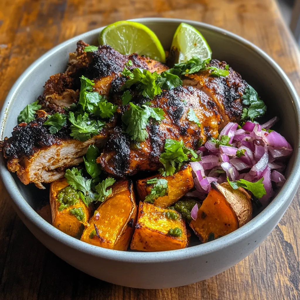 A bowl of food with chicken, potatoes, and limes.