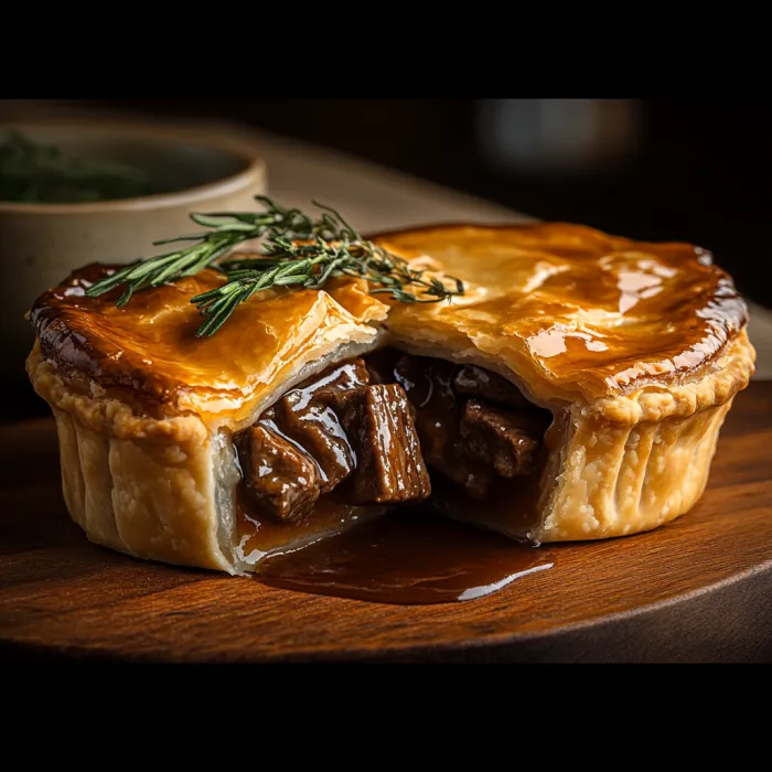 A pie with meat and herbs in it.