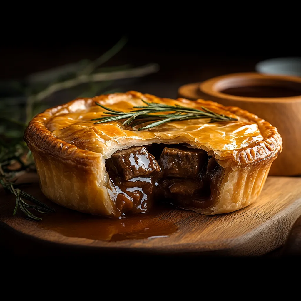 A pie with meat and herbs in it.