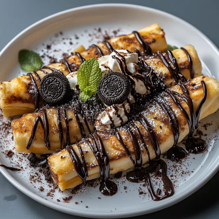 A plate of food with chocolate drizzled on it.