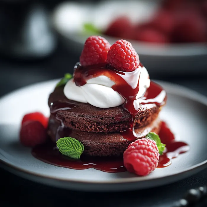 A chocolate dessert with raspberries and whipped cream.