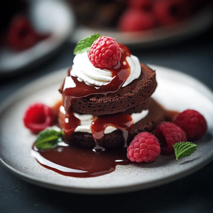 A plate of chocolate cake with raspberries on top.