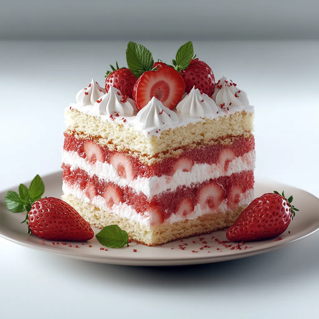 A slice of cake with strawberries on top.