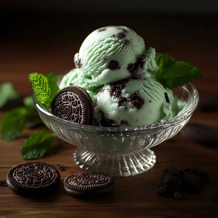 A bowl of ice cream with chocolate chips and mint leaves.