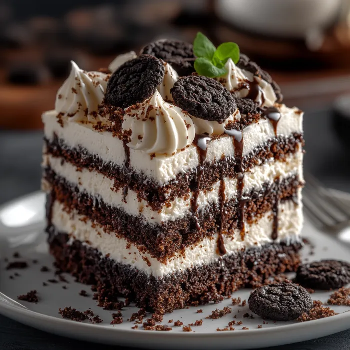 A slice of chocolate cake with white icing and a leaf on top.