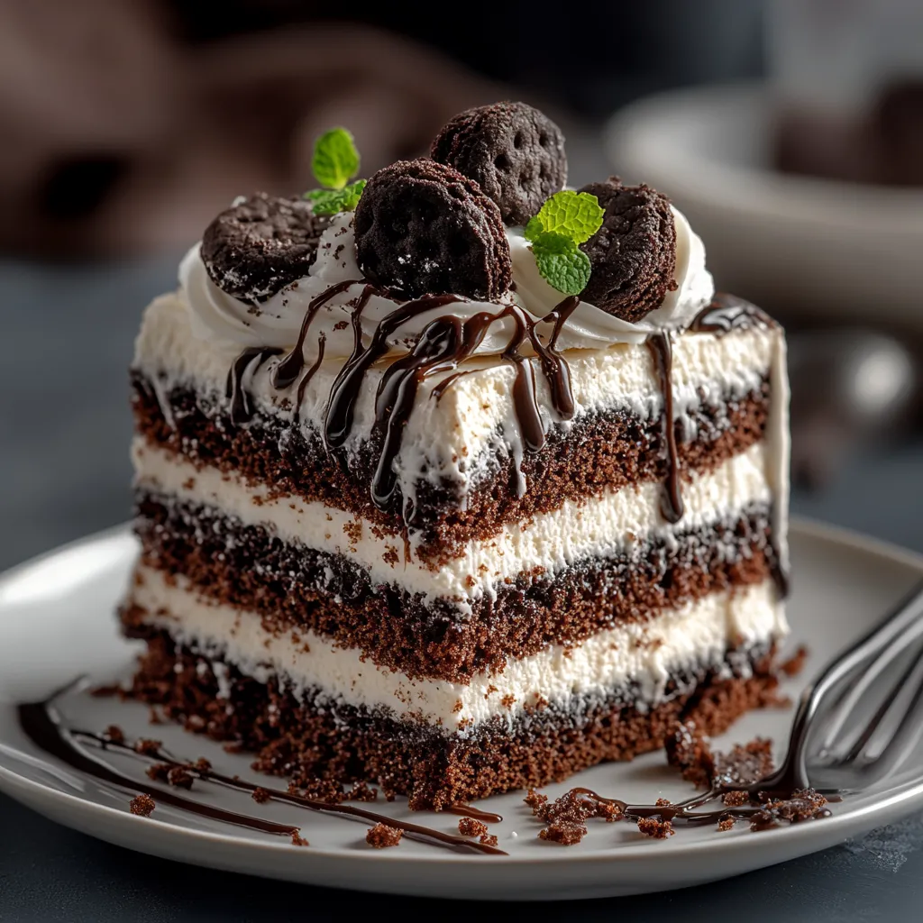 A slice of chocolate cake with white frosting and chocolate chips.