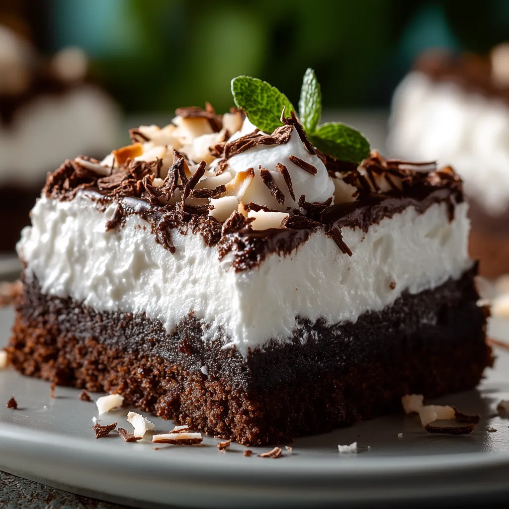 A slice of chocolate cake with white frosting and a mint leaf on top.