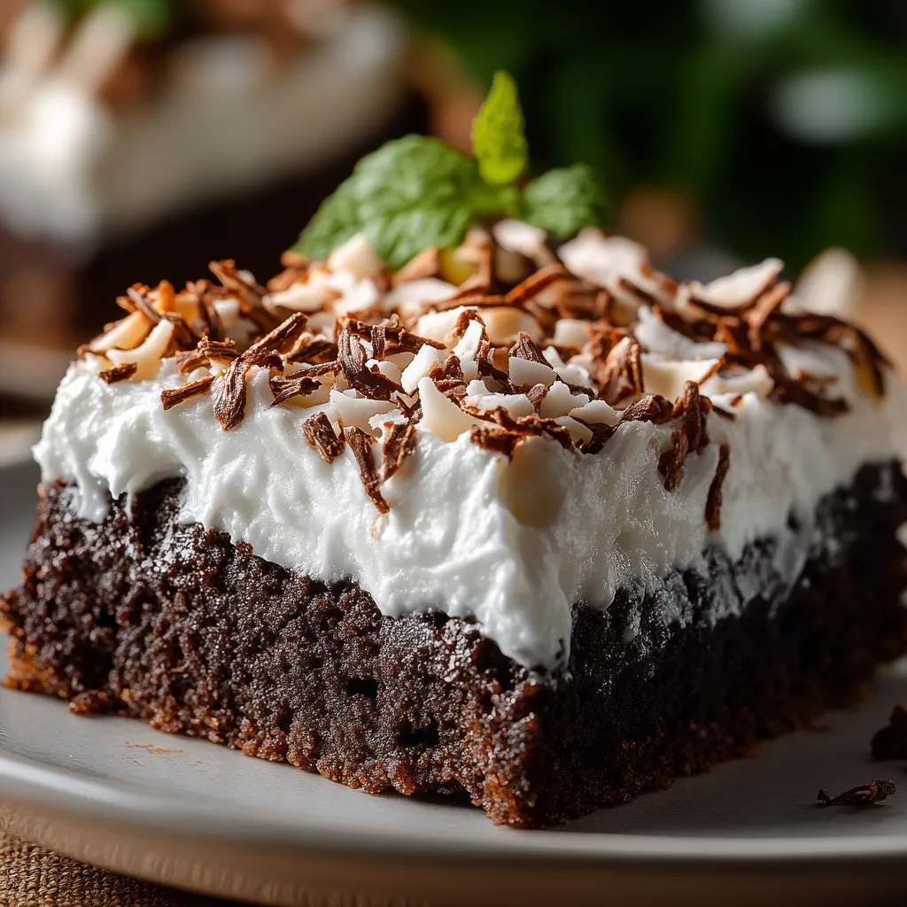 A slice of chocolate cake with white frosting and a mint leaf on top.