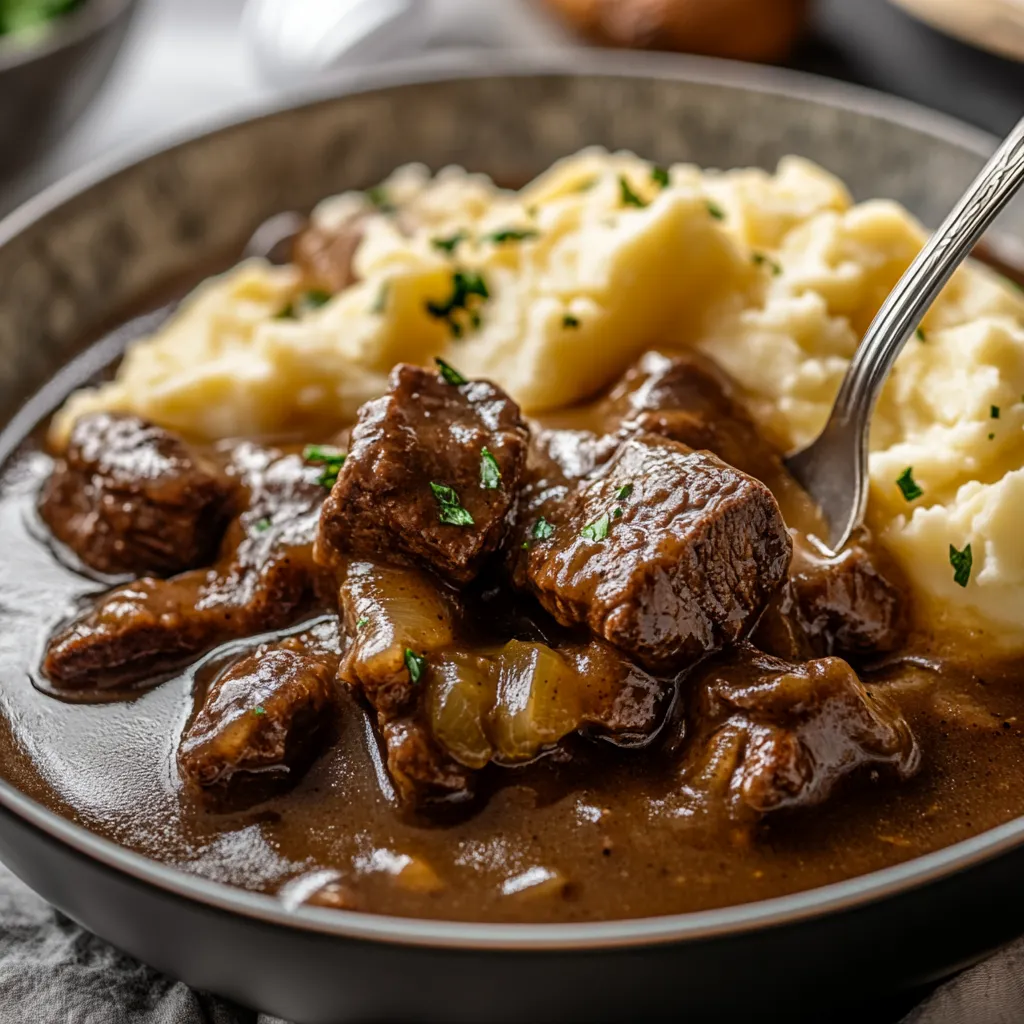 A bowl of meat and potatoes.