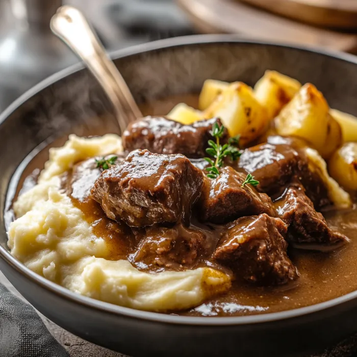 A bowl of meat and potatoes.