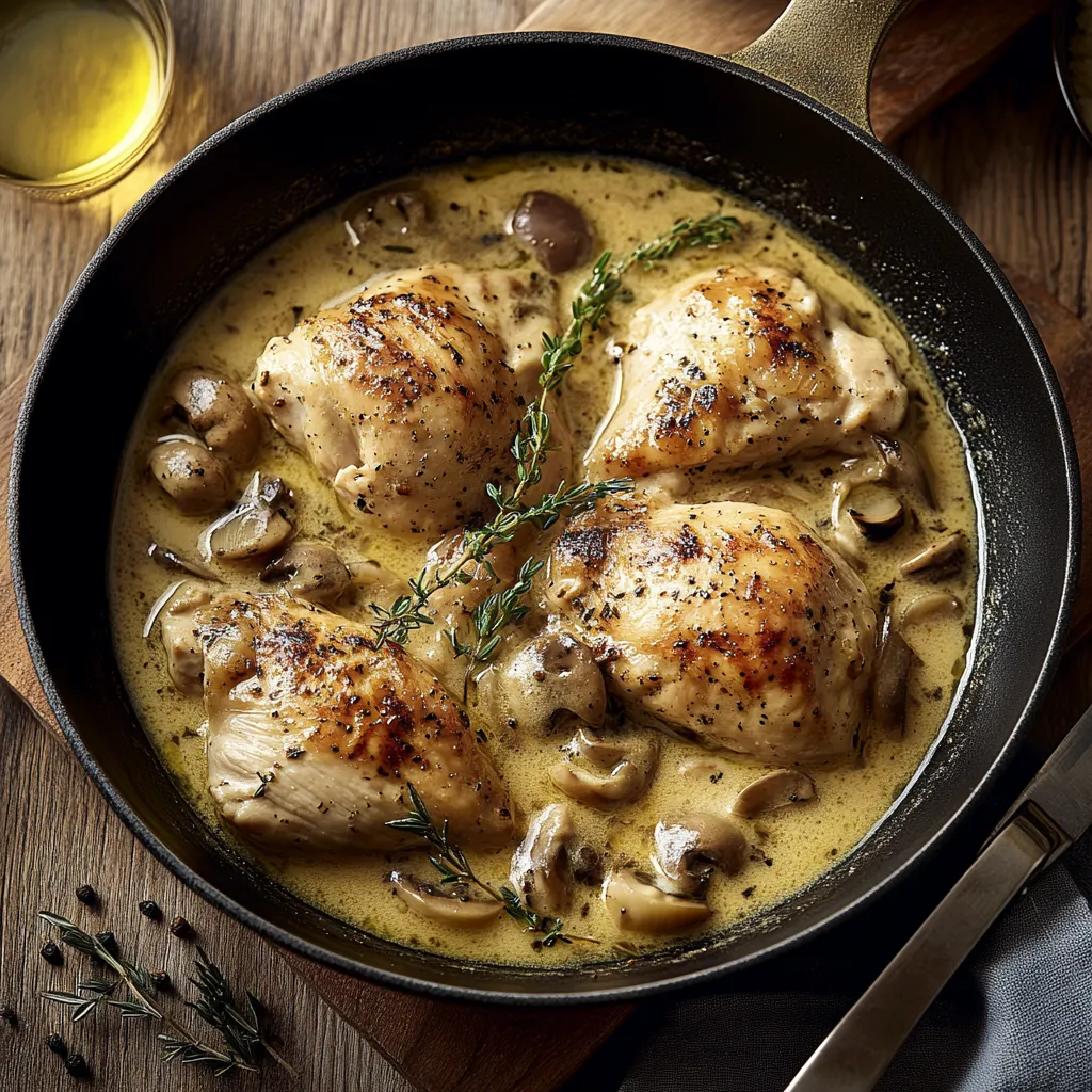 A pan of chicken with mushrooms and herbs.