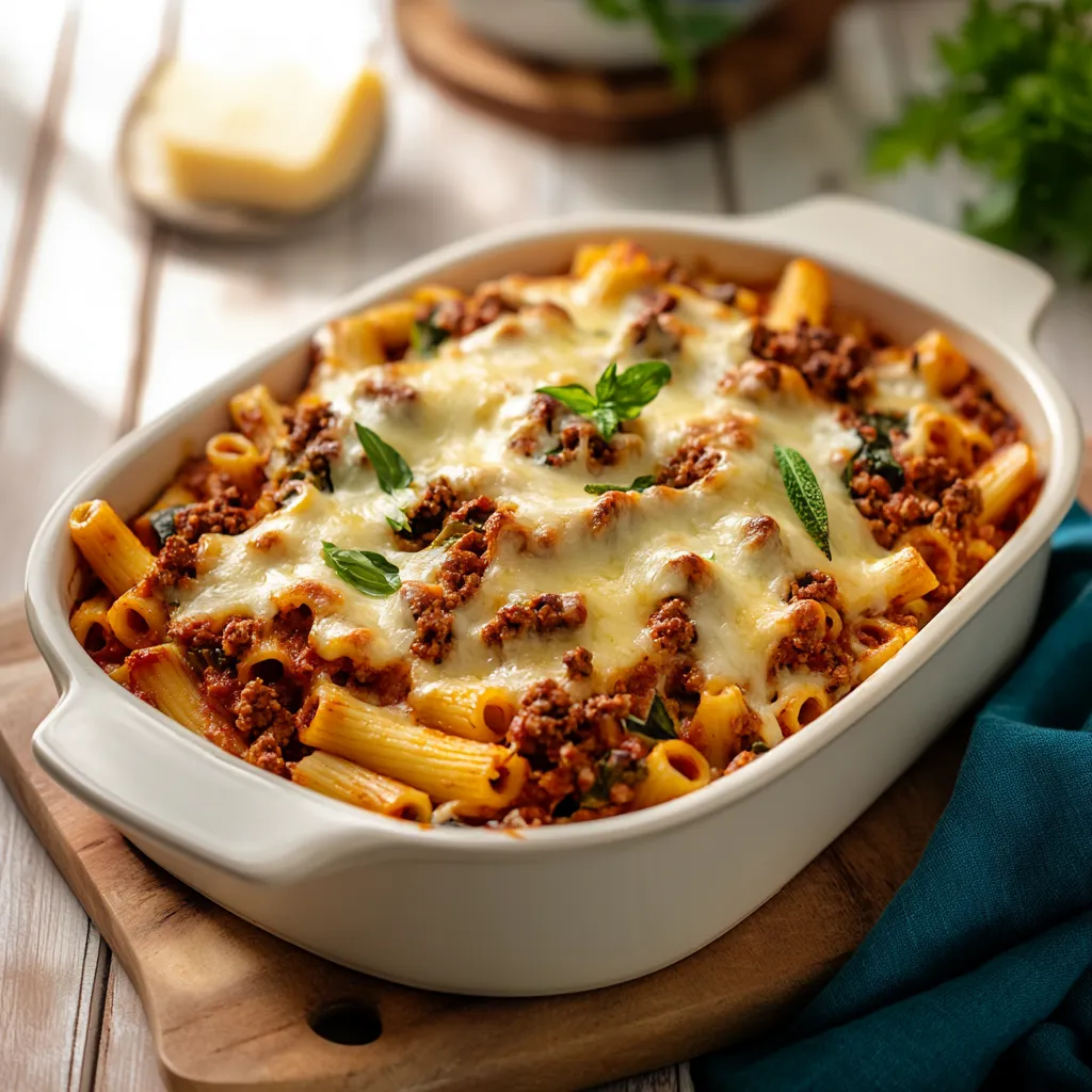 A bowl of pasta with meat and cheese.