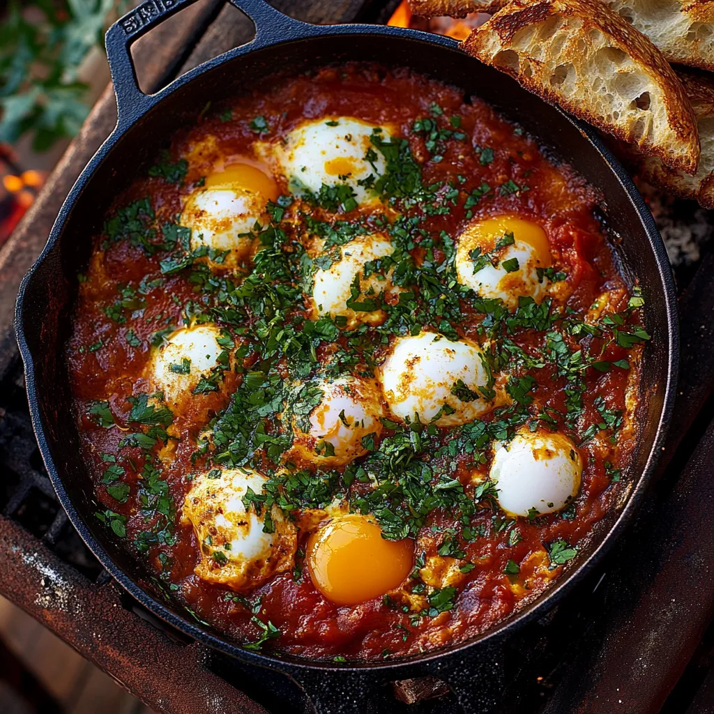 A skillet with eggs and tomatoes.