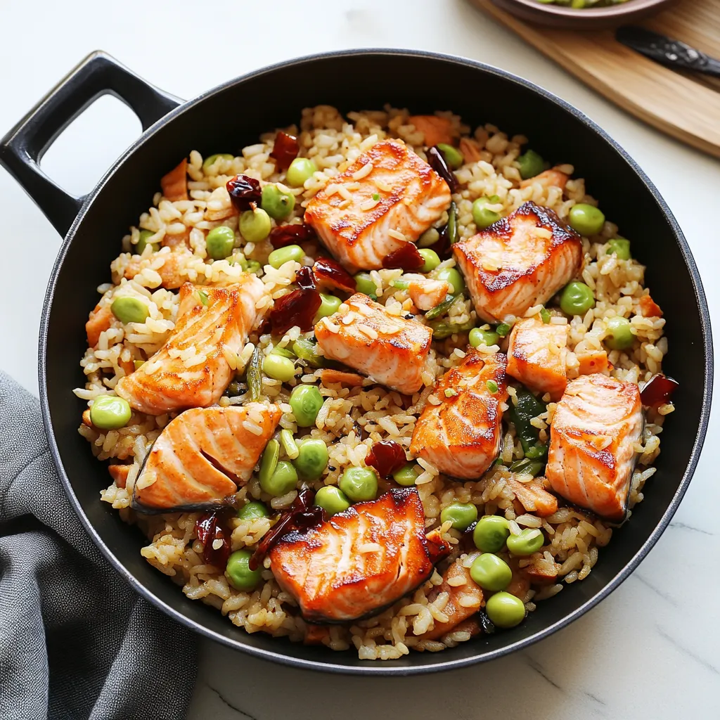 A black pan filled with rice and fish.