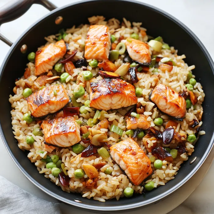 A pan of rice with fish and vegetables.