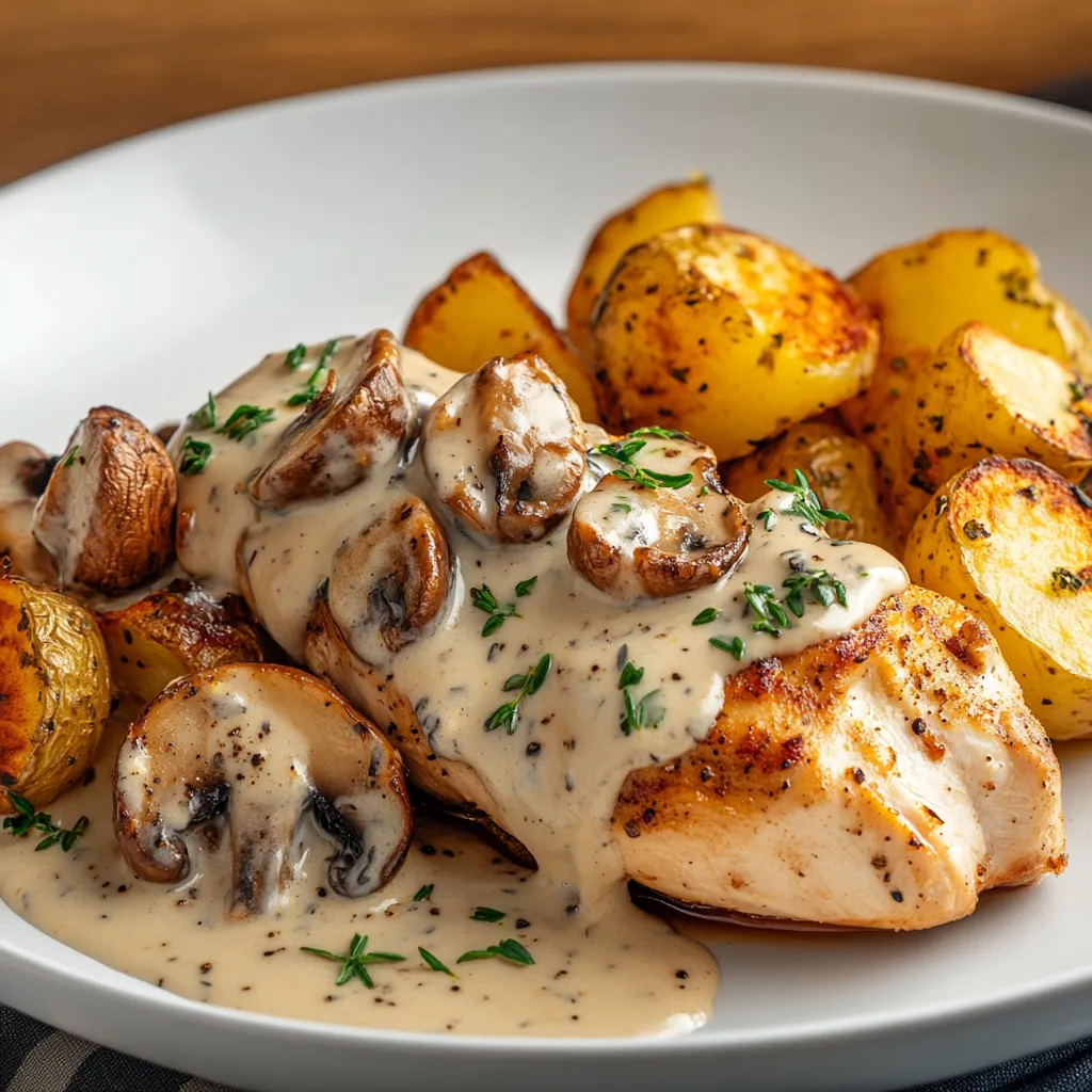 A plate of food with mushrooms and potatoes.
