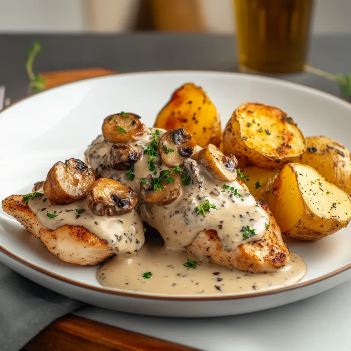 A plate of food with chicken and potatoes.