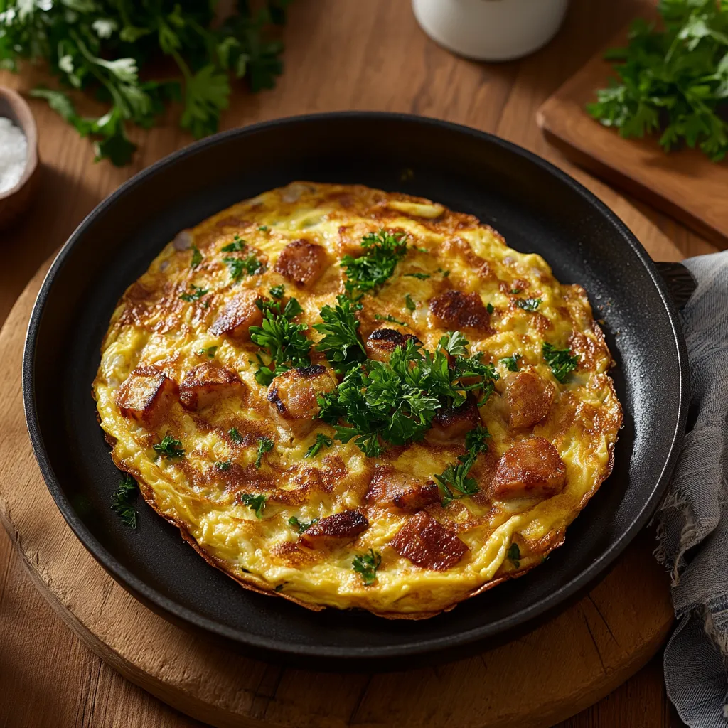 A fried egg with bacon and parsley.