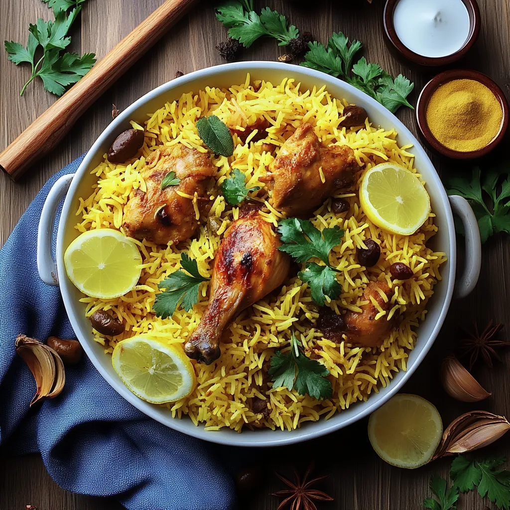 A bowl of rice with chicken and lemon wedges.