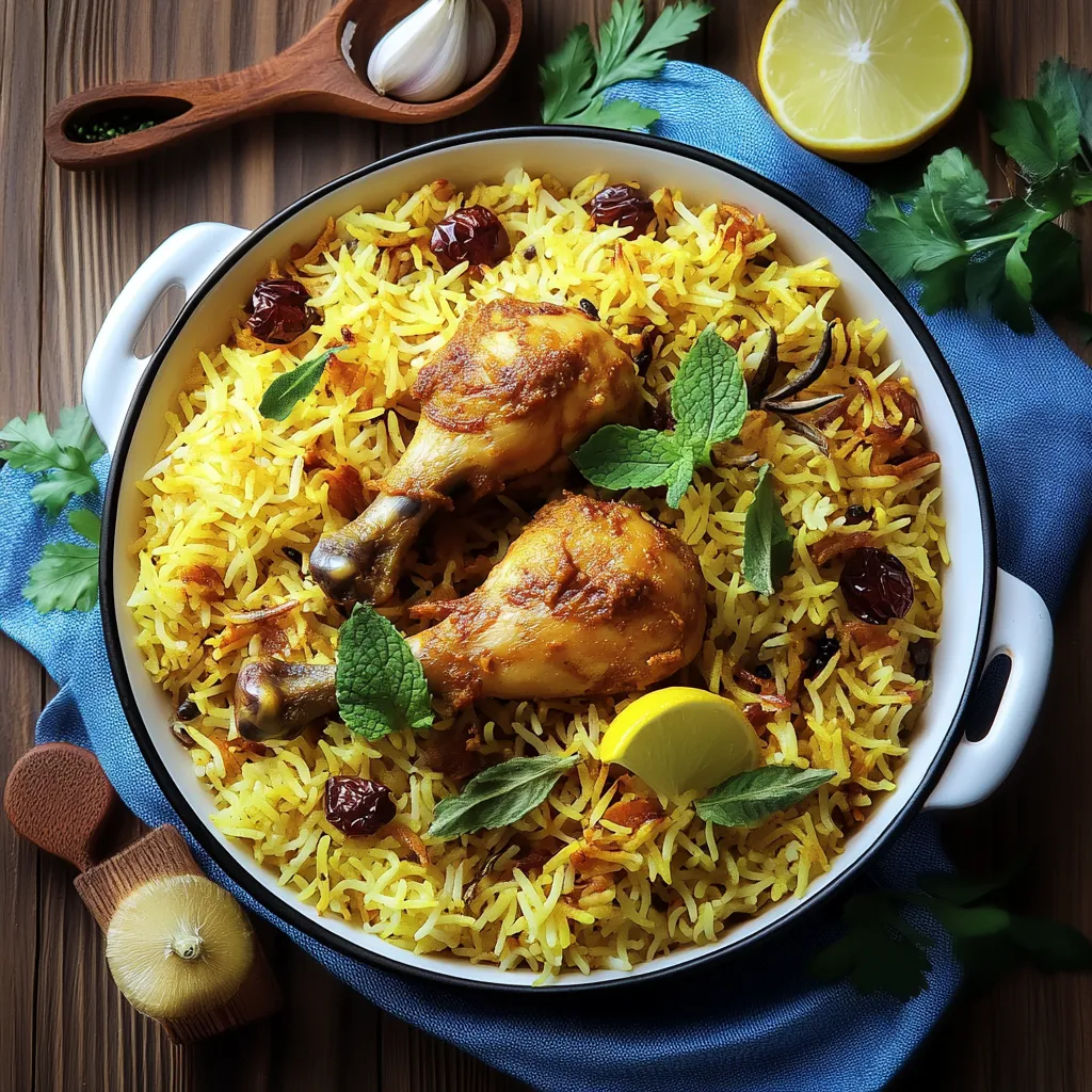 A bowl of rice with chicken and lemon.