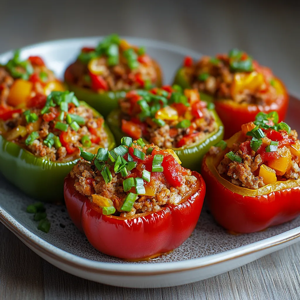 A plate of peppers with meat in them.