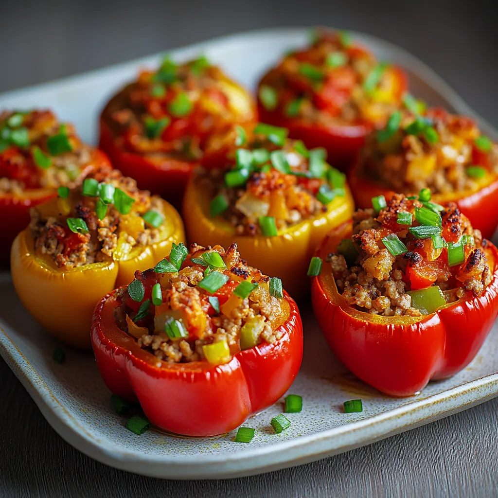 A plate of peppers with meat in them.