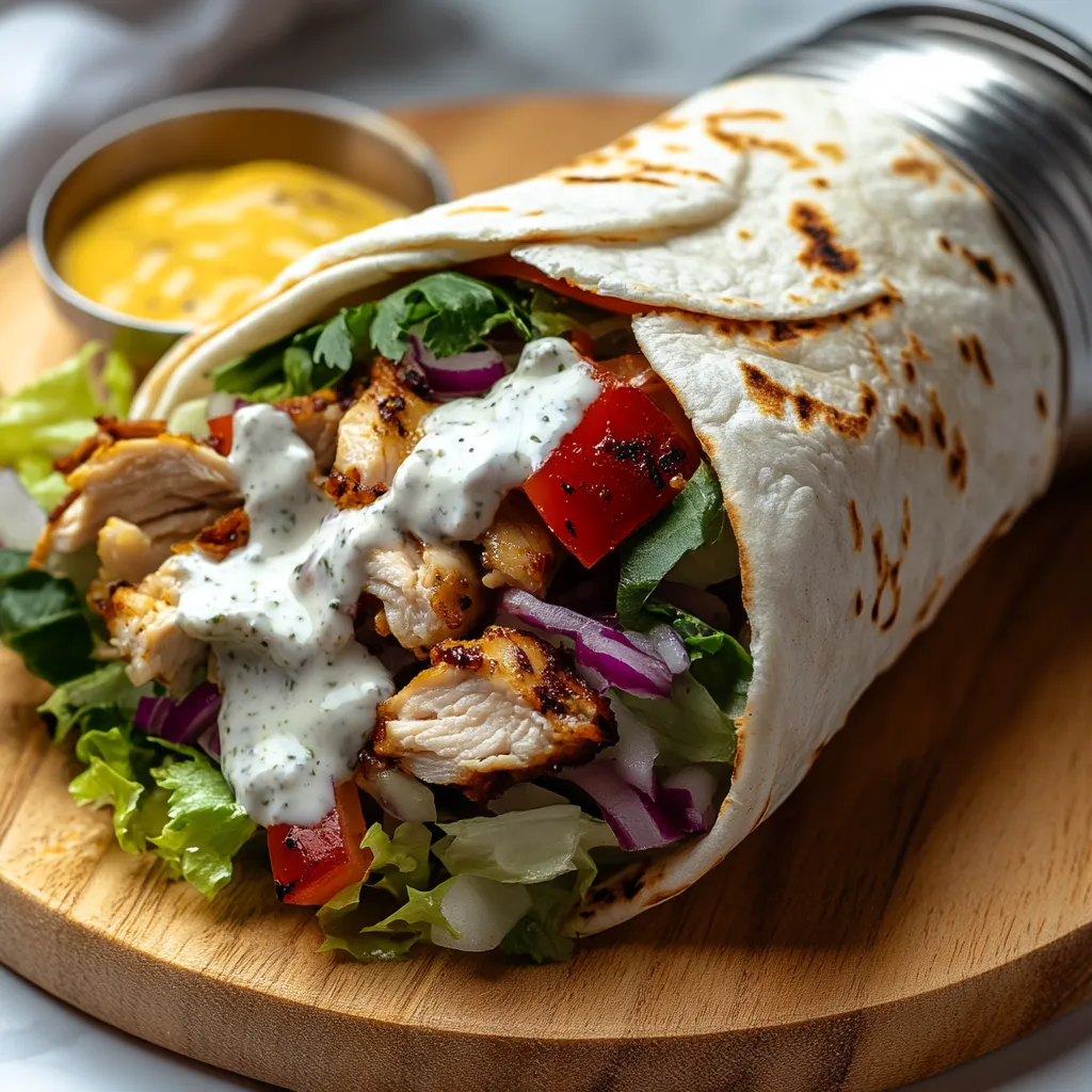 A chicken wrap with lettuce and tomatoes.