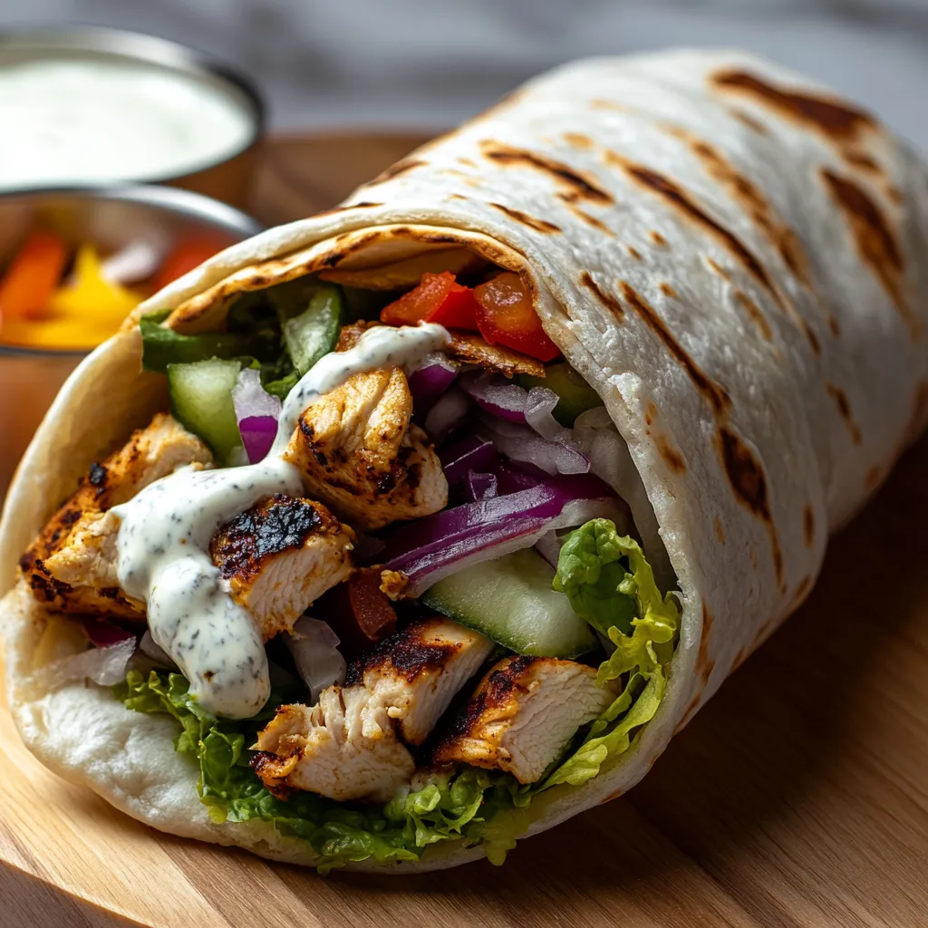 A chicken wrap with lettuce and tomatoes.