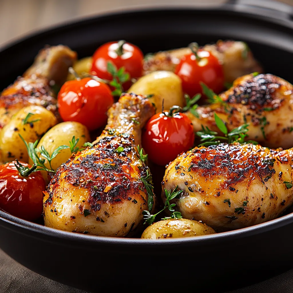 A bowl of food with chicken, tomatoes, potatoes, and herbs.