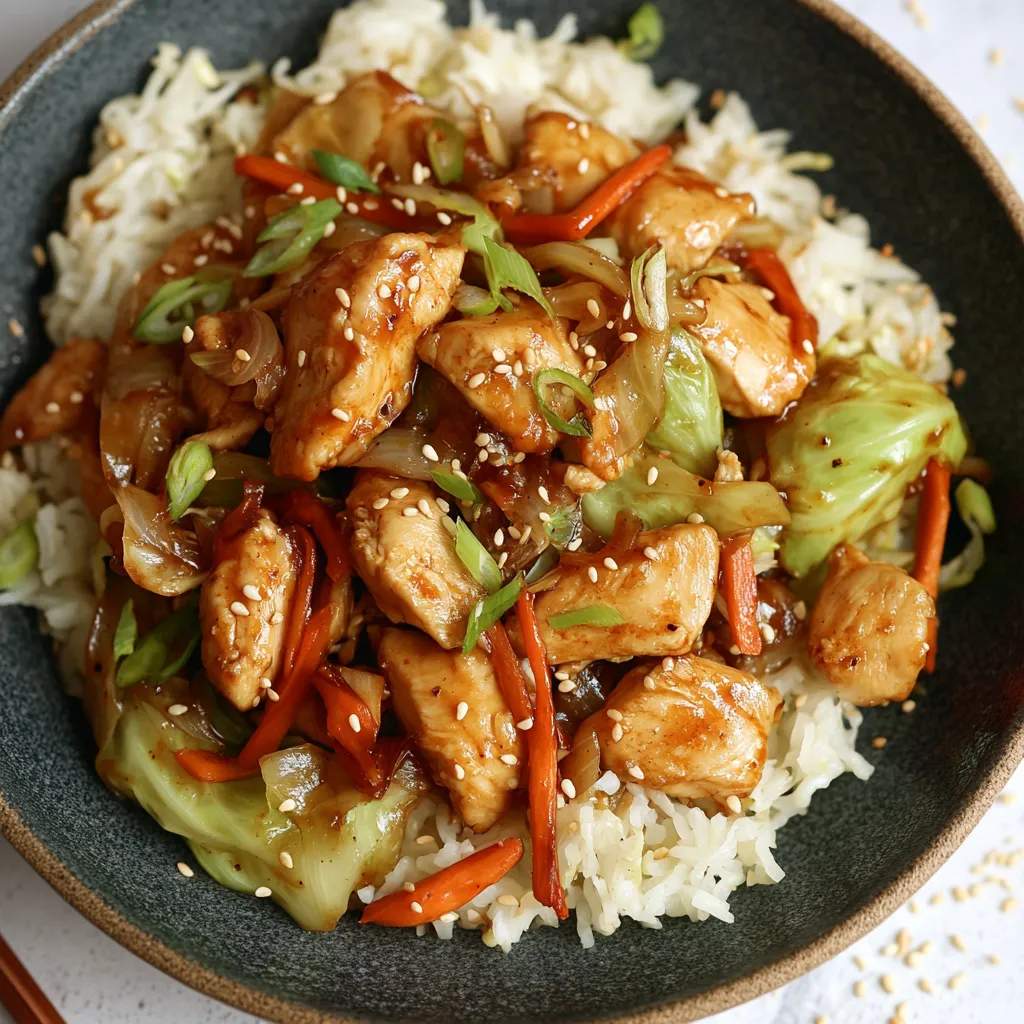 A bowl of chicken stir fry with rice.
