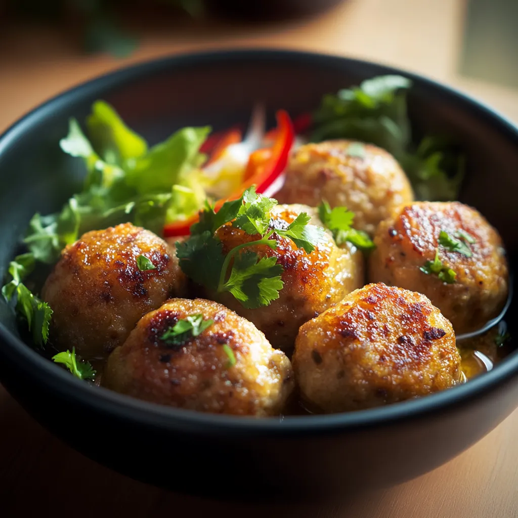 A bowl of food with meatballs and vegetables.