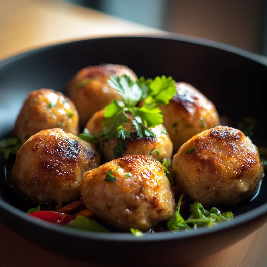 A bowl of food with a green garnish.