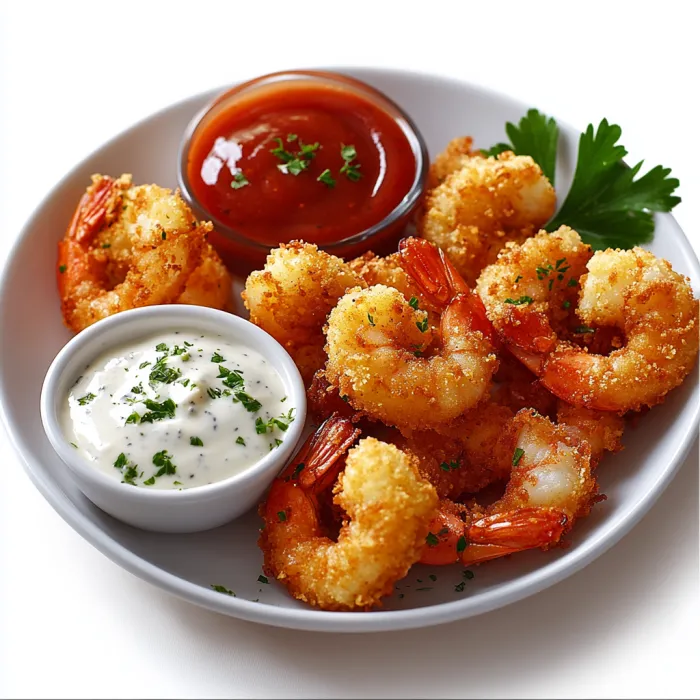 A plate of shrimp with a dipping sauce.
