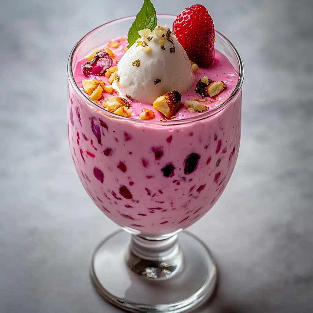 A glass of pink food with a white topping.