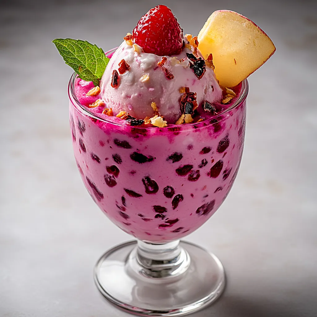 A glass of pink and red fruit with a strawberry on top.