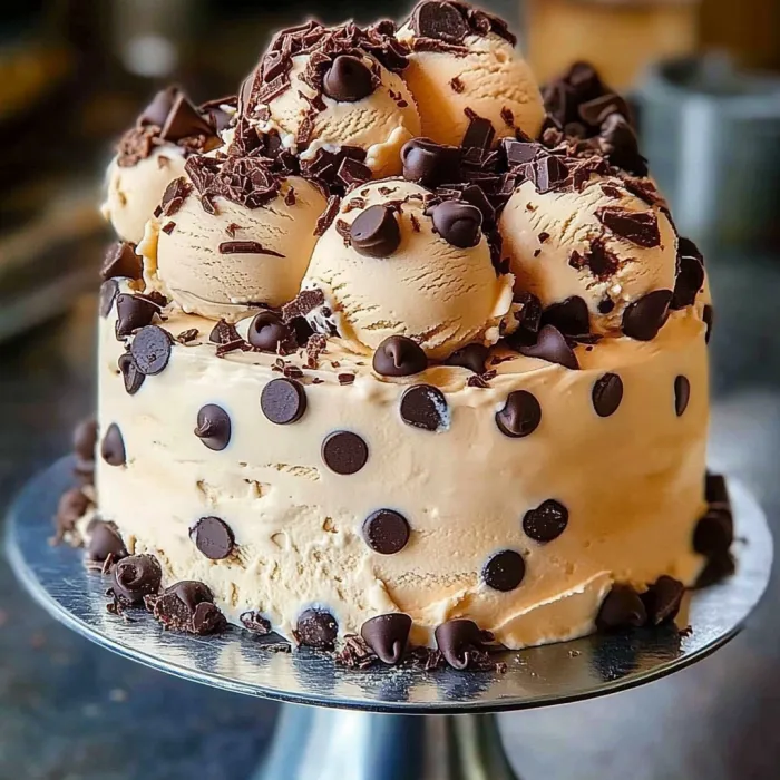 A chocolate cake with chocolate chips on top.