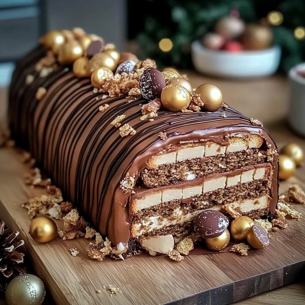 A chocolate cake with gold sprinkles.