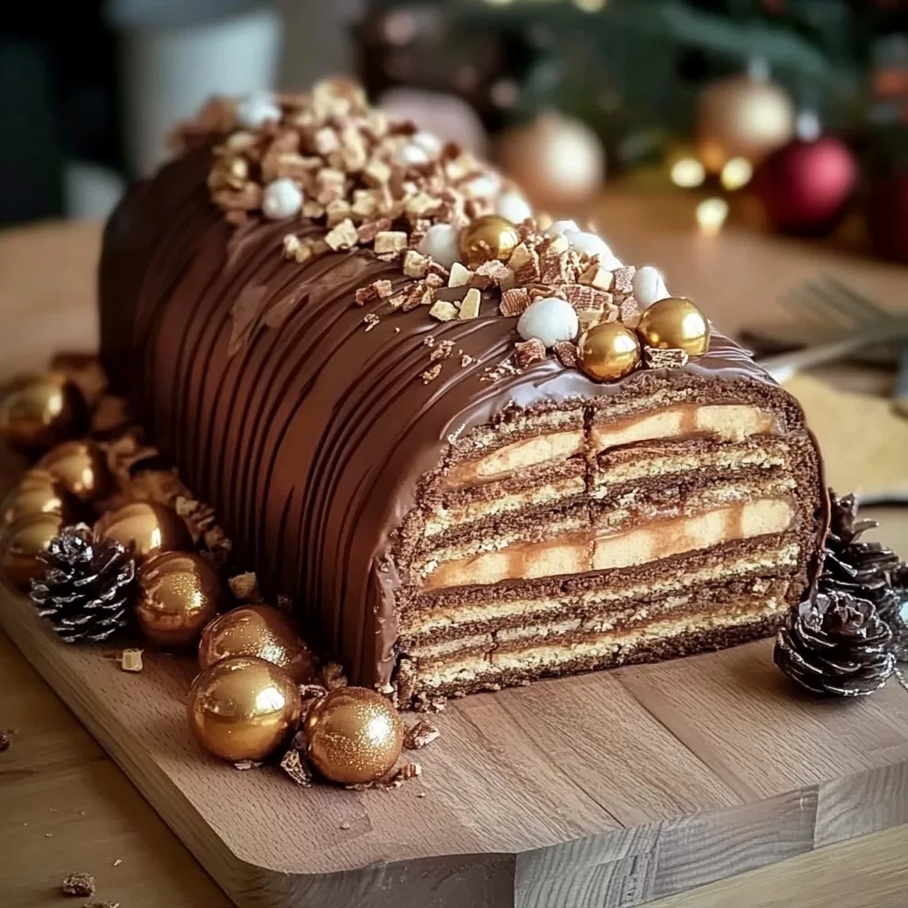 A chocolate cake with gold sprinkles.