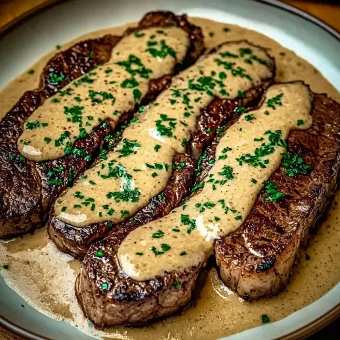 A plate of meat with gravy.
