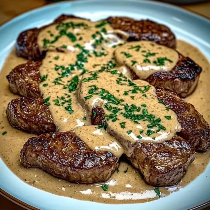 A plate of meat with gravy.