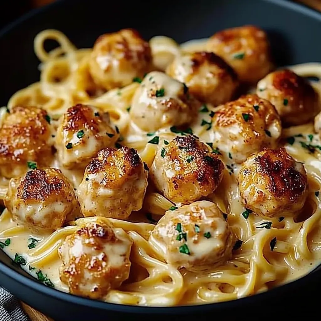 A bowl of pasta with meatballs.