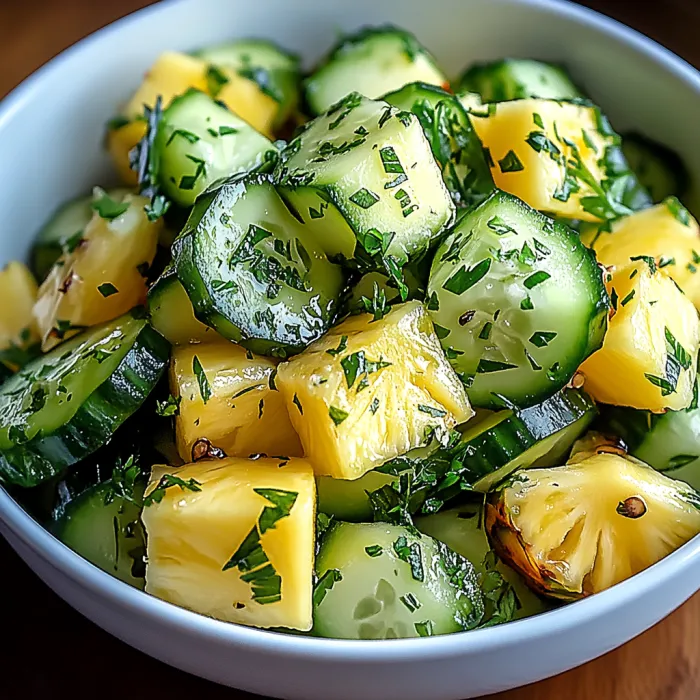 A bowl of sliced cucumbers and pineapple.