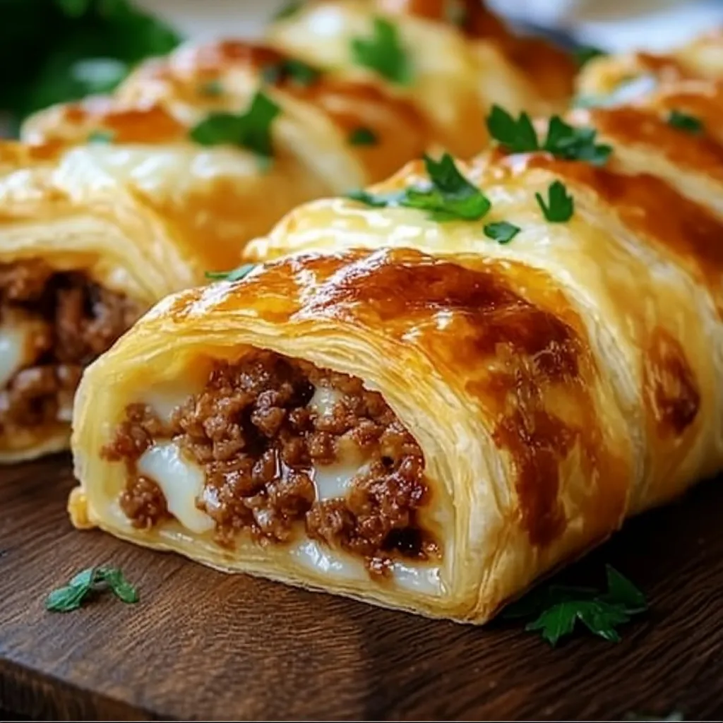 A pastry with meat and cheese on a wooden table.