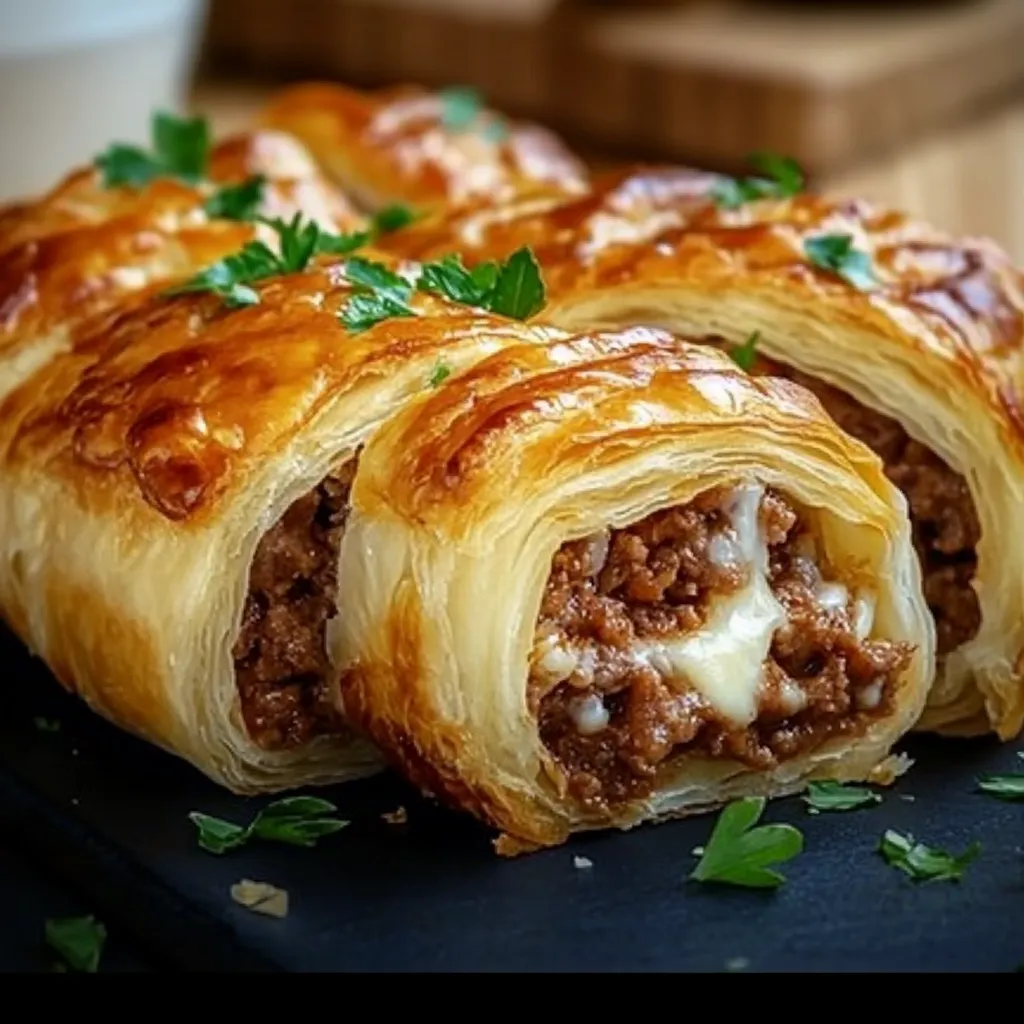 A pastry with meat and cheese inside.